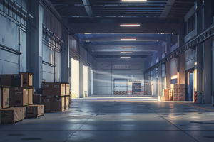 明るい倉庫の内部のイラストで、窓から射し込む光が床に映り、左側には段ボール箱が積み重ねられている。