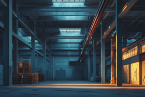夜明け前の倉庫の内部のイラスト。青白い照明の下、大きな金属製の棚と荷物があり、倉庫内は空っぽで静寂に包まれている。