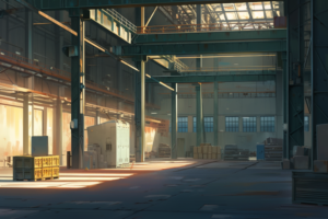 日の出の光が差し込む倉庫の内部のイラスト。高い天井の下、さまざまな貨物が静かに置かれており、ゆるやかな朝の雰囲気が漂っている。