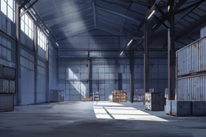 ほこりっぽい光が差し込む倉庫の内部のイラスト。大きな窓からの光が影を作り出し、周囲には木箱やパレットが無造作に置かれている。