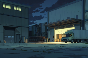 夜の倉庫地区のイラストで、トラックが荷降ろしを行っている様子が描かれている。周囲は静かで、倉庫の灯りだけがぽつんと光っている。