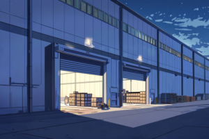 星空の下で倉庫のローディングドックが明るく照らされているイラスト。ドック内部にはパレットや荷物が置かれ、穏やかな夜の雰囲気が漂っている。