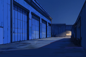 夜間、倉庫のシャッタードアが開いているイラスト。建物内の明かりが外に漏れ、近くにある郵便箱やゴミ箱がぼんやりと照らされている。