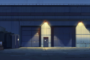 ほの暗い夜の倉庫の入口のイラスト。二つの大きなシャッターの上には柔らかな灯りがあり、小さな扉が一つ、真ん中にある。左側には郵便箱やゴミ箱が置かれている。