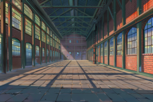 夕暮れ時のレンガ造りの倉庫内部のイラスト。高い天井と長い窓が並び、太陽の光が内部に幾何学的な影を描き出している。