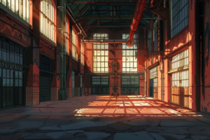 夕日が差し込むレンガ造りの倉庫内部のイラスト。窓から差し込む光が強い影を作り出し、倉庫内の古い配管や壁が暖かい色に照らされている。