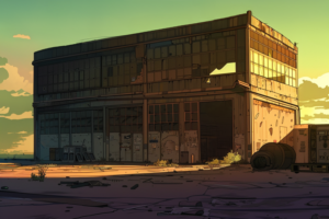 夕日が照らす荒廃した倉庫の外観のイラスト。倉庫はその日の最後の光に照らされており、周囲は荒れた状態で、空には薄い雲が浮かんでいる。