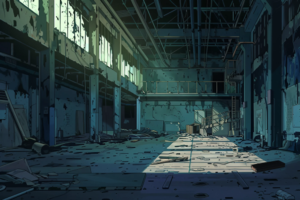 荒廃した倉庫の内部を描いたイラスト。床にはゴミやがれきが散乱し、壁や天井は荒れ果てた状態で、窓から漏れる薄暗い光が空間に静寂を与えている。
