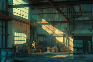夕日の光が入る廃墟となった倉庫のイラスト。壁にはサビやペンキの剥がれが見られ、窓からの光が影を長く伸ばしている。