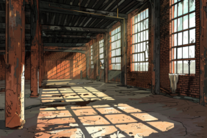 陽光が射し込む空き倉庫のイラスト。レンガ造りの壁と大きな窓が特徴的で、窓からの光が床に明るい格子状の模様を作り出している。