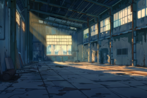朝日が窓から差し込む廃倉庫の内部のイラスト。床にはゴミが散乱し、壁は汚れていて、全体に放棄された雰囲気が漂っている。