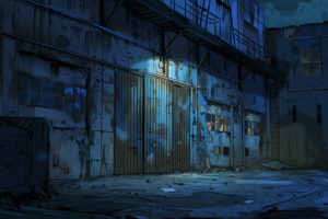 夜の倉庫跡地のイラスト。月明かりと僅かな灯りが残る窓から漏れ、壁には落書きがあり、全体に寂れた雰囲気がある。
