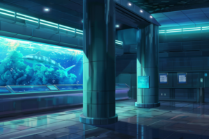 大型のサメが泳ぐ長方形の水槽がある水族館の展示エリア。青い照明が空間を照らしている。