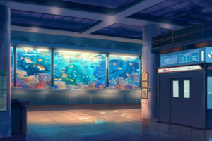魚やサンゴが豊富に泳ぐ広い水槽が特徴の水族館の展示エリア。背景には海洋生物の詳細が書かれた情報パネルも見える。