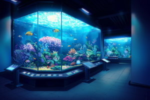 カラフルなサンゴや魚が展示された大きな水槽が並ぶ水族館の展示エリア。暗い照明が海中の雰囲気を演出している。