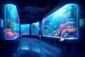 カラフルなサンゴや魚が展示された大きな水槽が並ぶ水族館の展示エリア。暗い照明が海中の雰囲気を演出している。