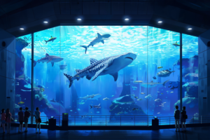 大きな水槽の中で泳ぐジンベイザメや他の海洋生物を眺める人々のシルエットが描かれた水族館のシーン。