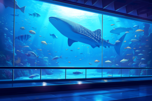 青い照明の中でジンベイザメと様々な魚が泳ぐ水槽の風景。ガラスの壁越しに海洋生物が鮮明に見える。