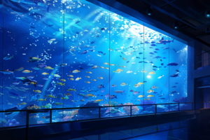 多様な魚たちが泳ぐ水族館の大きな水槽。光が水中に差し込み、美しい海洋風景を演出している。