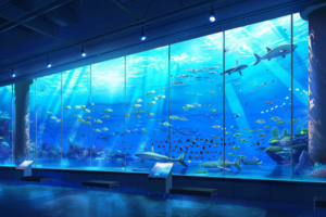 水槽の中で泳ぐサメや色とりどりの魚たちが描かれた水族館の一角。観客が水槽を観察している様子も見られる。