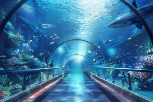 水中トンネルを通る通路。周囲には様々な海洋生物が泳ぎ、青い光が差し込んで幻想的な雰囲気を作り出している。