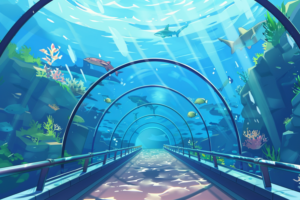 明るい照明の中で魚たちが泳ぐ水中トンネル。トンネルを歩く人々が楽しそうに水槽を眺めている。