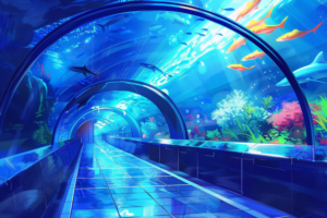 カラフルな魚たちが泳ぐ水中トンネル。鮮やかな色彩が広がり、幻想的な景観が広がる。