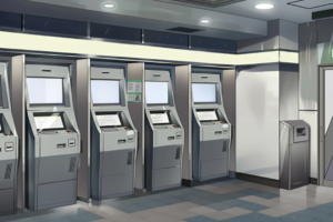 4台のATMが並ぶ銀行のイラスト。各ATMはモダンなデザインで、背景には情報掲示板が設置されています。清潔で整然とした雰囲気です。
