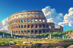 青空の下、草が生い茂る中に建つ古代ローマのコロッセオ。壮大な建築物は石造りのアーチが並び、部分的に崩れた状態で歴史の重みを感じさせる。