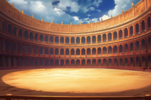 日差しの中、壮大な古代ローマのコロッセオ内部のアリーナ。観客席は細かい装飾が施されたアーチと列柱で構成され、中央のアリーナは砂で覆われている。