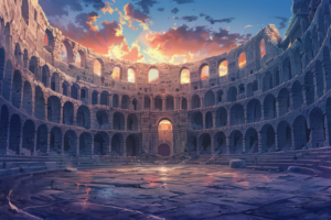 夕日に照らされたコロッセオの内部。古代のアリーナは壁が部分的に崩れ、夕焼けの空と古代遺跡の石造りの壁が美しいコントラストを見せている。