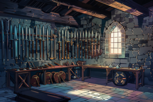 青い光が差し込む石造りのアーマリールーム。壁には多種多様な剣や斧が掛けられ、テーブルの上や床には盾が置かれている。部屋全体が中世の武器庫の雰囲気を漂わせている。