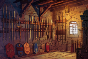 夕暮れの光が差し込む石造りのアーマリールーム。壁には槍や剣が整然と掛けられており、床には色とりどりの盾が並べられている。温かみのある色合いが特徴的。