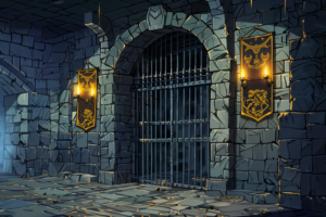 暗い石造りの地下牢の入口。壁には金の紋章が飾られた旗が掛かり、明るいランタンが薄暗い空間を照らしている。重厚感のある門扉が印象的。