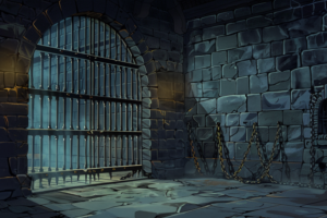 冷たい光が差し込む石造りの地下牢。厚い鉄の格子が閉ざされた門扉と、壁には鎖が垂れ下がっており、厳しい監禁の様子が伝わる。