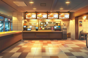 明るく広々としたファストフード店のカウンターのイラスト。メニューにはハンバーガーやドリンクが描かれており、店内の座席やカウンターの配置が見えます。
