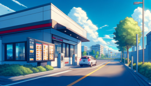 晴れた日中のドライブスルー付きファストフード店のイラスト。注文用のメニューが表示されたドライブスルーの窓口があり、車が注文を待っています。背景には青い空と木々が見えます。