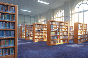 高い天井と大きなアーチ型の窓から自然光が差し込む図書館のイラスト。木製の本棚が規則正しく並び、たくさんの本が収納されている。