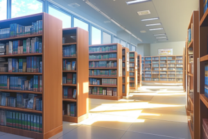 明るい自然光が差し込む図書館のイラスト。窓側に配置された木製の本棚には、多くの青い背表紙の本が並んでいる。フロア全体に日差しが広がっている。