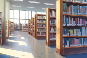 たくさんの本棚が整然と並んでいる図書館のイラスト。広々とした空間に多くの本が収納され、自然光が室内を照らしている。