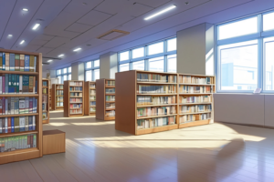 広い窓から明るい光が差し込む図書館のイラスト。木製の本棚が並び、フローリングの床に光が反射している。モダンで清潔感のある室内。