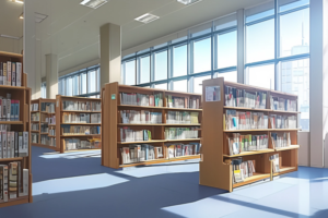 広い窓からたっぷりと自然光が差し込む図書館のイラスト。複数の木製本棚が整然と並び、多くの本が並べられている。室内は明るく、開放感がある。