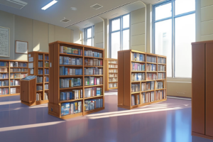 高い天井と大きな窓が特徴的な図書館のイラスト。木製の本棚にはたくさんの本が収められており、光が室内を明るく照らしている。床には反射する光が広がっている。