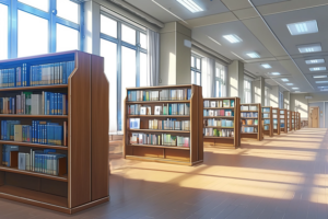 長い通路の両側に本棚が並ぶ図書館のイラスト。大きな窓から差し込む自然光が本棚や床を照らしている。広々とした空間に多くの本が整理されている。