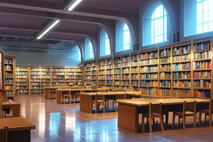 アーチ型の大きな窓と高い天井が印象的な図書館のイラスト。壁一面に本棚が並び、多くの書籍が収納されている。中央には勉強用の木製のテーブルと椅子が配置されている。