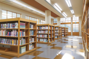 明るい自然光が差し込む図書館のイラスト。木製の本棚には多くの本が並べられており、広々とした通路が特徴的。床は茶色と白のチェック柄で、室内は整然としている。
