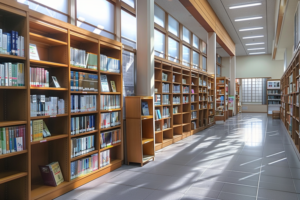 大きな窓から光が差し込む図書館のイラスト。木製の本棚が並び、多くの本が収納されている。光が床に反射し、清潔感のある室内を演出している。