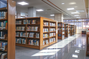 高い天井と大きな窓が特徴的な図書館のイラスト。木製の本棚には多くの本が並び、広い通路が設けられている。自然光が室内を明るく照らしている。