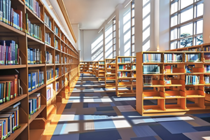 長い通路の両側に本棚が並ぶ図書館のイラスト。大きな窓から差し込む光が本棚や床を照らしている。木製の本棚にはたくさんの本が整然と並べられている。