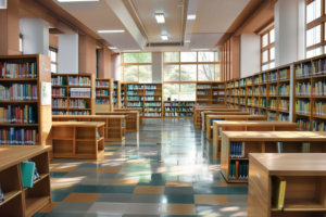自然光が差し込む広々とした図書館のイラスト。木製の本棚には多くの本が並べられており、中央には読書用のテーブルと椅子が配置されている。床にはチェック柄の模様が施されている。